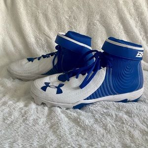 Men’s size 10 blue and white Under Armour Bryce Harper baseball soft cleats.